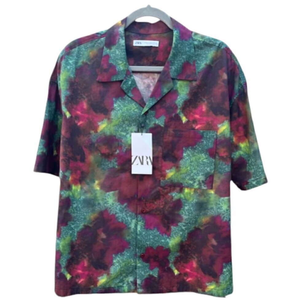 ZARA Men Boxy Relaxed Fit Burgundy Green Floral Short Sleeve Shirt Cotton Medium - Picture 4 of 16